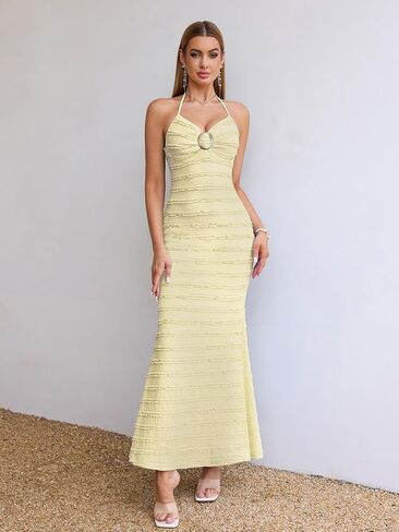 Htzmo Women Elegant Summer Disual Bodycon Maxi Dress Sexy v Neck Halter Shuffle Wedding Dresses Italial Long in Kuwait