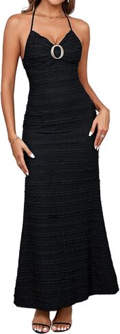 Htzmo Women Elegant Summer Disual Bodycon Maxi Dress Sexy v Neck Halter Shuffle Wedding Dresses Italial Long in Kuwait
