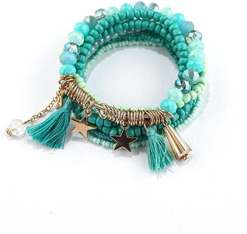 Boho Multilayer Stackable Bracelets Crystal Beaded Bracelets Set Cyan Blue Bohemian Handmade Beaded Bracelets Strand Statement for Women Jewelry in Saudi Arabia
