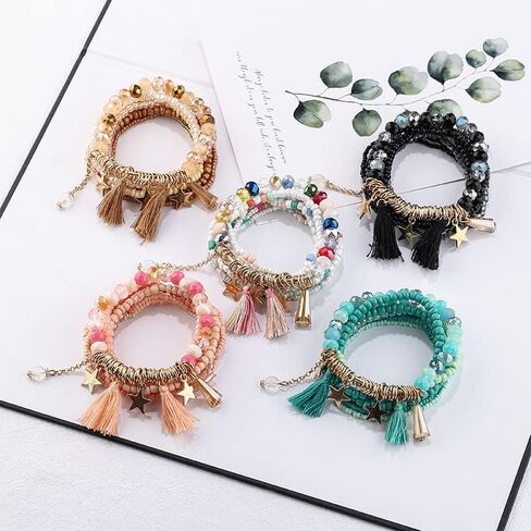 Boho Multilayer Stackable Bracelets Crystal Beaded Bracelets Set Cyan Blue Bohemian Handmade Beaded Bracelets Strand Statement for Women Jewelry in Saudi Arabia