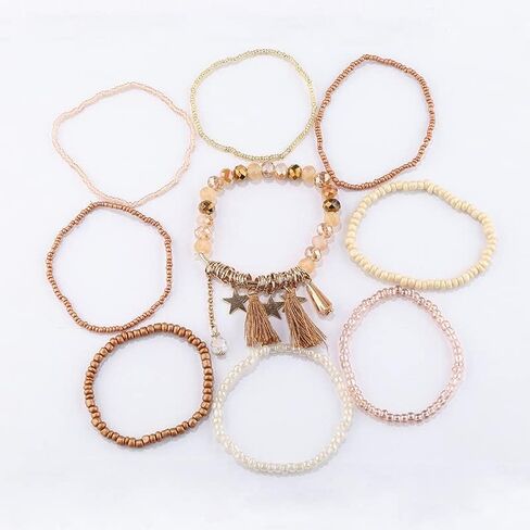 Boho Multilayer Stackable Bracelets Crystal Beaded Bracelets Set Cyan Blue Bohemian Handmade Beaded Bracelets Strand Statement for Women Jewelry in Saudi Arabia