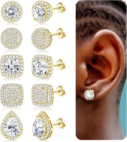 LOYALLOOK Cubic Zirconia Stud Earrings for Women Men Simulated Diamond CZ Halo Stud Earrings Round Square Iced Out Earrings 18K Gold Plated Hypoallergenic 925 Sterling Silver Post Earrings Set in Kuwait