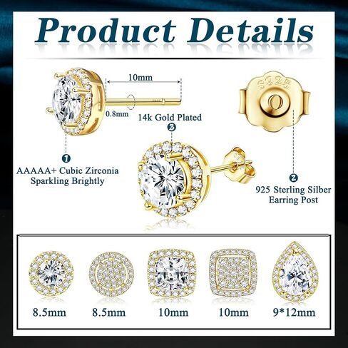 LOYALLOOK Cubic Zirconia Stud Earrings for Women Men Simulated Diamond CZ Halo Stud Earrings Round Square Iced Out Earrings 18K Gold Plated Hypoallergenic 925 Sterling Silver Post Earrings Set in Kuwait
