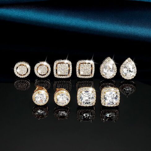 LOYALLOOK Cubic Zirconia Stud Earrings for Women Men Simulated Diamond CZ Halo Stud Earrings Round Square Iced Out Earrings 18K Gold Plated Hypoallergenic 925 Sterling Silver Post Earrings Set in Kuwait