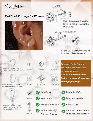 Staligue Tiny Hypoallergenic Surgical Steel Earrings for Women Men 14K Gold Plated Flat Back Stud Earrings for Sensitive Ears 20G Gold Flatback Stud Hoop Cartilage Earring Set for Multiple Piercing in Saudi Arabia