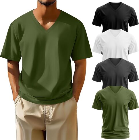 قمصان Neer 4 Pack للرجال الكبير والطويل V العنق القديم غير الرسمي قميص تي شيرت القطن القصير الأكمام بالإضافة إلى قمم الصيف الأساسية قمم أساسية in Kuwait