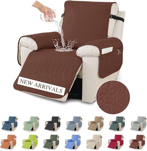XINEAGE 100% Waterproof Recliner Chair Covers with Elastic Straps, Nonslip Reclining Couch Covers Washable Recliner Couch Cover with Pockets Furniture Protector for Pets Dogs (Coffee, 23") in Kuwait