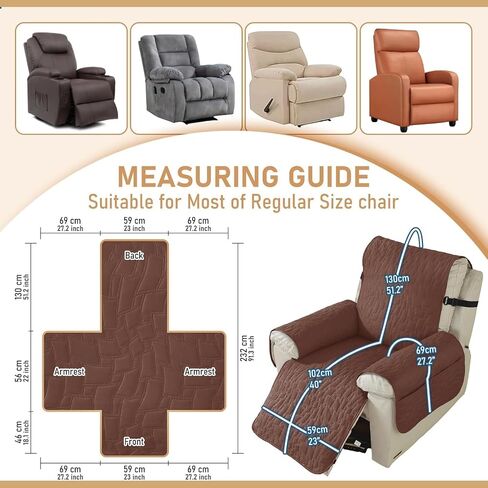 XINEAGE 100% Waterproof Recliner Chair Covers with Elastic Straps, Nonslip Reclining Couch Covers Washable Recliner Couch Cover with Pockets Furniture Protector for Pets Dogs (Coffee, 23") in Kuwait