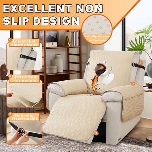 XINEAGE 100% Waterproof Recliner Chair Covers with Elastic Straps, Nonslip Reclining Couch Covers Washable Recliner Couch Cover with Pockets Furniture Protector for Pets Dogs (Coffee, 23") in Kuwait