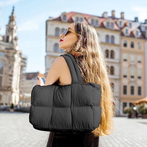 Puffer Tote Bag for Women, Large Quilted Puffy Handbag Lightweight Satchel Purse for Work Travel Gym Shop in Saudi Arabia