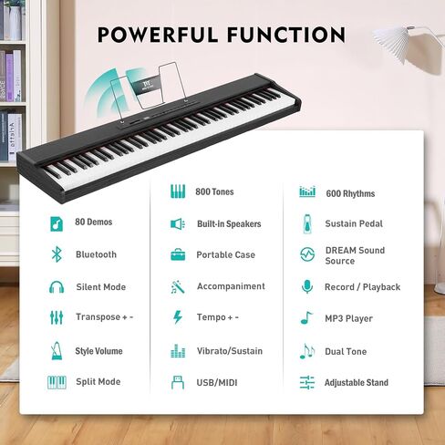 MUSTAR Digital Piano 88 Key Weighted with Stand, 88 Key Semi Weighted Keyboard Piano MEP-1100, Electric Piano Keyboard 88 Keys for Beginners, 2x25W Stereo Speakers, Case, Sustain Pedal, ABS, Black in Kuwait