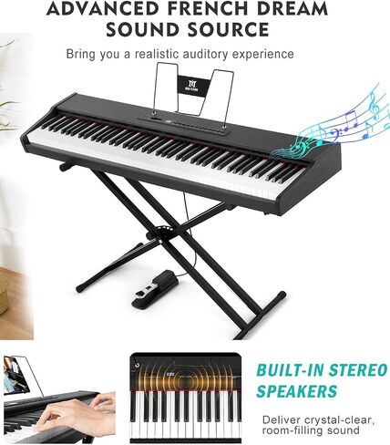MUSTAR Digital Piano 88 Key Weighted with Stand, 88 Key Semi Weighted Keyboard Piano MEP-1100, Electric Piano Keyboard 88 Keys for Beginners, 2x25W Stereo Speakers, Case, Sustain Pedal, ABS, Black in Kuwait