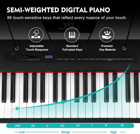 MUSTAR Digital Piano 88 Key Weighted with Stand, 88 Key Semi Weighted Keyboard Piano MEP-1100, Electric Piano Keyboard 88 Keys for Beginners, 2x25W Stereo Speakers, Case, Sustain Pedal, ABS, Black in Kuwait