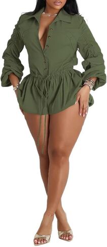 Famnbro Womens Summer Rompers Long Sleeve v Neck Drapber Bubble Short Phemsuit Phembuit One Piece Club Outfits in Kuwait