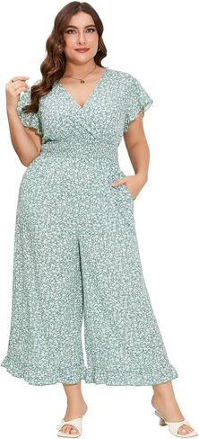 ShopWonder Plus Size Loose Jumpsuits for Women Summer Short Sleeve One Piece Outfit Elastic Waist Wide Leg Floral Jumpsuits in Saudi Arabia