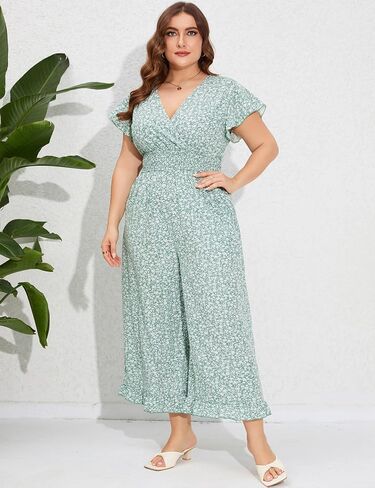 ShopWonder Plus Size Loose Jumpsuits for Women Summer Short Sleeve One Piece Outfit Elastic Waist Wide Leg Floral Jumpsuits in Saudi Arabia