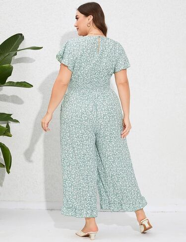 ShopWonder Plus Size Loose Jumpsuits for Women Summer Short Sleeve One Piece Outfit Elastic Waist Wide Leg Floral Jumpsuits in Saudi Arabia