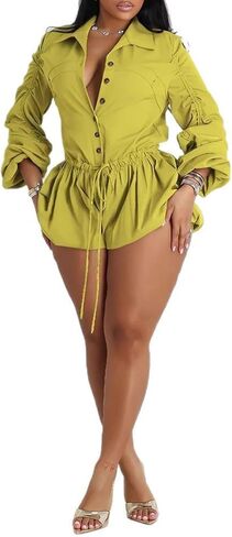 Famnbro Womens Summer Rompers Long Sleeve v Neck Drapber Bubble Short Phemsuit Phembuit One Piece Club Outfits in Kuwait