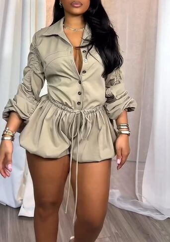 Famnbro Womens Summer Rompers Long Sleeve v Neck Drapber Bubble Short Phemsuit Phembuit One Piece Club Outfits in Kuwait