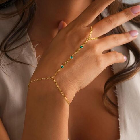 Gold Bracelets for Women, Hand Chain Trendy Birthstone Ring Bracelet Cubic Zirconia 14K Gold Plated Gold Jewelry Non Tarnish Summer Adjustable Body Chains Jewelry for Her Gifts in Saudi Arabia