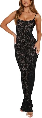 الدانتيل النسائي Maxi Dress Spaghetti Strap Slim Fit Olcyfeless Bongy مع تمثال نصفي للرباط للمساء والحفلات in Kuwait