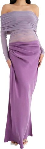 Women's Sheer Mesh Off Shoulder Maxi Dress Y2K Bodycon Gown for Club Party Wedding Evening Outfits in Kuwait