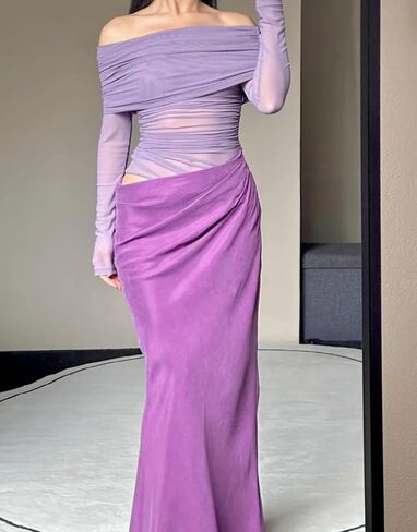 Women's Sheer Mesh Off Shoulder Maxi Dress Y2K Bodycon Gown for Club Party Wedding Evening Outfits in Kuwait