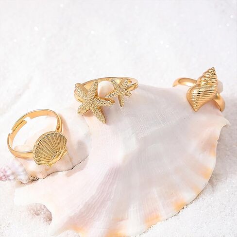 Dainty Boho Gold Starfish Conch Shell Ring مجموعة للنساء ، وبيان النجوم Conch Seashell Open Rings Holiday Sea Ocean Beach Jewelry Gifts in Kuwait