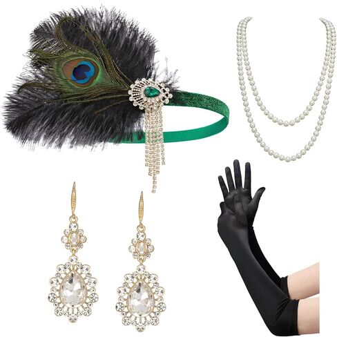 SWEETV 1920s Flapper Accessories Set for Women, Roaring 20s Great Gatsby Headband Flapper Costume Accessories 070409 in Saudi Arabia