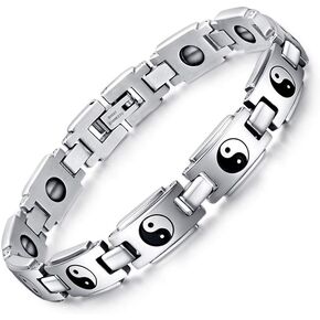 Mens Fashion Stainless Steel Link Bracelet Black Stone Religious Bagua Balance Yin Yang Tai Chi Symbol