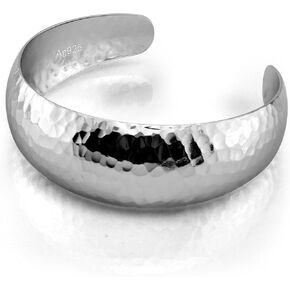 925 Sterling Silver Polished Hammered Bangle for Women Wide Cuff Groove Open Bracelet Adjustable Handmade Jewelry Gift