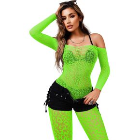 Women Off Shoulder Leopard Fishnet Bodysuit, Body Stockings Full Lace Jumpsuit, Sexy Lingerie Outfits Rave Party Club