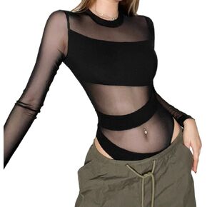 SINROYEE Women Hollow Out Outfits One Piece Jumpsuit Long Sleeve Top Cut Out Bodysuit for Rave Party Club