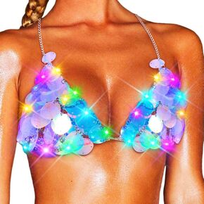 GRAEEN Light Up Sequin Bra Top Led Iridescent Sequins Bikini Top Sparkly Rave Costume Tops for Women