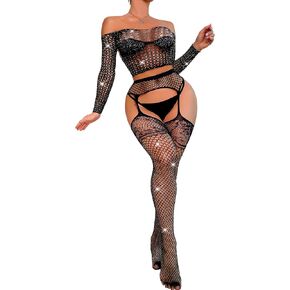 Lingerie for Women Fishnet Dress Mesh Garter Belt Badydoll Bodysuit Rhinestone See Through Black One Size