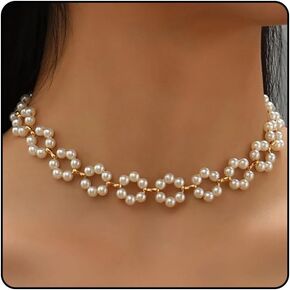 Dainty Pearl Flower Choker Necklace for Women, 14K Gold Plated Small Floral Pearls Beads Necklace Trendy Handmade Vintage Aesthetic Prom Jewelry Gifts