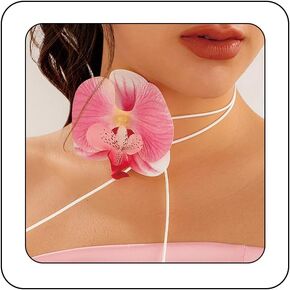Bethynas Boho Large Orchid Flower Choker Necklace Artificial Phalaenopsis Butterfly Orchid Floral Long Wrap Rope Collar Necklace Hawaiian Beach Party Neck Accessory for Women
