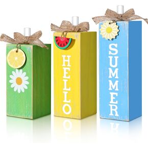 3 Pcs Hello Summer Wood Table Blocks Sign Oversized Tiered Trays Decor Rustic Farmhouse Decor with Distressed Finish Lemon Watermelon Daisy Designs for Kitchen Shelves Party Tabletop Centerpieces