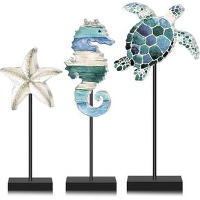 Tradder 3 Pcs Summer Ocean Tabletop Decor Standing Sea Turtle Starfish Seahorse Block Wooden Table Centerpiece Sign Coastal Beach Nautical Table Decor for Home Kitchen