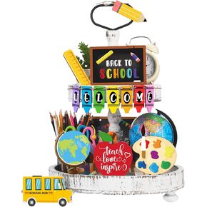 14 Pcs Back to School Tiered Tray Decorations Wooden First Day of School Decor Back to School Wood Cutouts Welcome School Bus Wooden Table Centerpiece for First Day of School Classroom Students