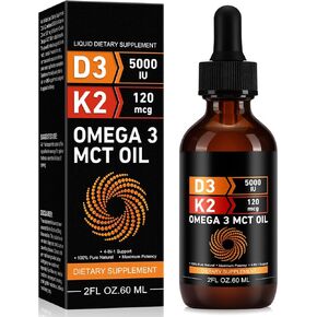 Vitamin D3 5000 IU & K2 (MK-7) 120 mcg 60ml Drops with MCT Oil Omega 3, Liquid Vitamin D3 & K2 Supplements - 2 Months Supply -Supports Bones, Teeth, Mood & Immune System, Calcium Absorption