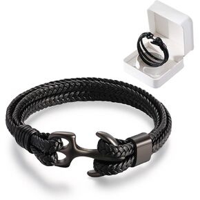 Black Metal Clasp Bracelet,To My Son Bracelet Leather Stainless Anchor Bracelet From Mom Dad with Box
