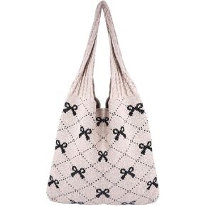 Crochet Tote Bag for Women Girl,Heart/Bow Tote Bag,Boho Aesthetic Knitted Travel Beach Shoulder Handbags for Summer