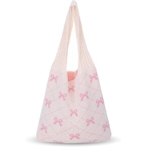 Crochet Tote Bag for Women Girl,Heart/Bow Tote Bag,Boho Aesthetic Knitted Travel Beach Shoulder Handbags for Summer in Kuwait