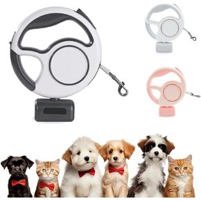 Retractable Dog Leash 4 in 1 with LED Light & Dispenser & Fixed Hanging, 10 ft Heavy Duty Dog Leash Retractable for Medium Large Dogs Up to 90lbs, 360°Tangle-Free, One Button Brake & Lock (White)