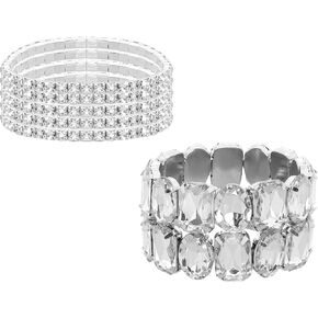6Pcs Stretch Rhinestone Bracelet for Women Sparkling Silver Rhinestone Bracelets Bridal Wedding Jewelry Set for Wedding Evening Party