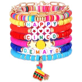 Faerliiry Mexican Fiesta Bracelets Cinco de Mayo Heishi Clay Clay Boho Gold Ball Disc Preppy Preppy Mexican Fiesta Party Favors Decoration Jewelry for Women (Mexican-8PCSB)