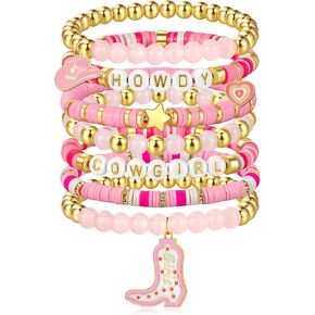 Western Cowgirl Beaded Stretch Bracelets, Pink Cowgirl Accessories outfit Jewelry for Women
