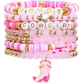 MOSOTECH Western Cowgirl Bracelets for Women, Stackable Beaded Bracelet Jewelry for Western Outfits, Cowboy Hat Boot Charm