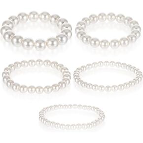 5 PCS Pearl Bracelets for Women, White Elegant Bridesmaid Bracelets Bridal Wedding Stackable Bracelets Faux Pearl Beaded Bracelets White Pearl Bracelet Set for Ladies